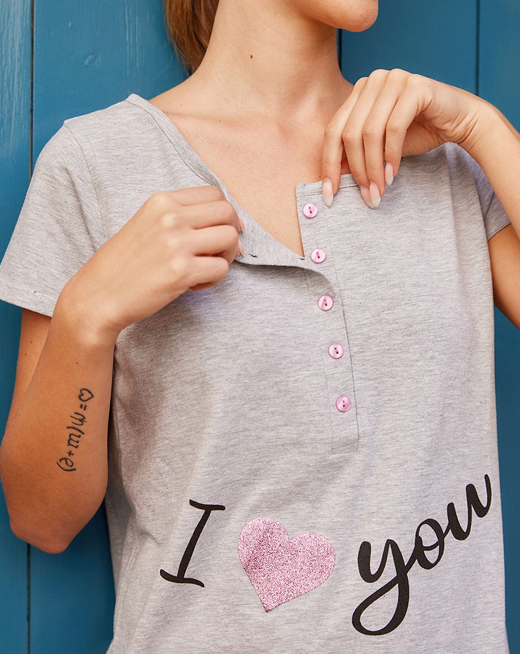 γυναικεία κοντή πιτζάμα εγκυμοσύνης/θηλασμού γκρι με καρδούλες - Prénatal