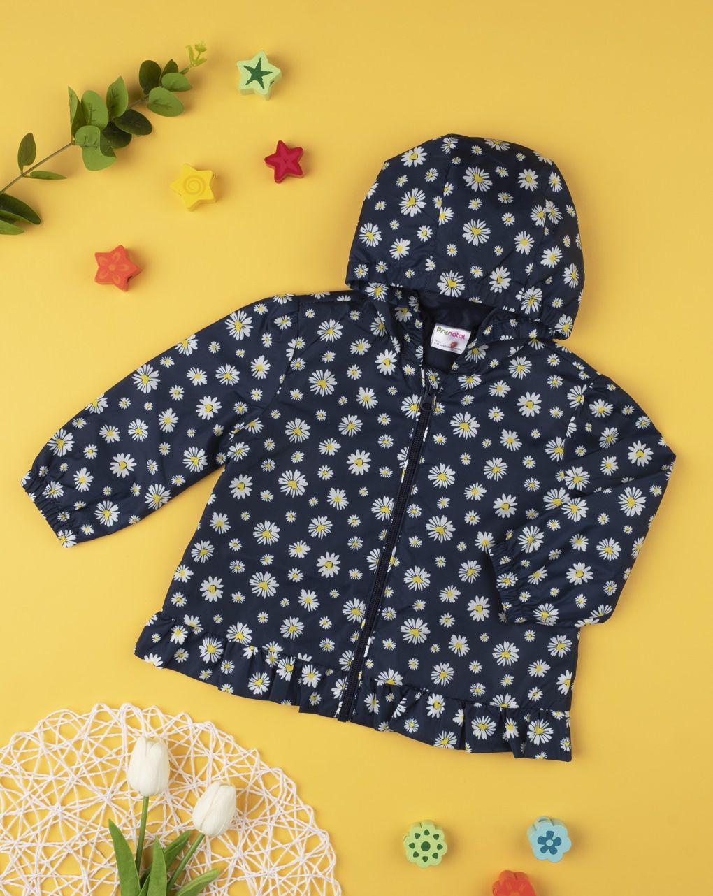μπουφάν αντιανεμικό μπλε με στάμπες μαργαρίτες για κορίτσι