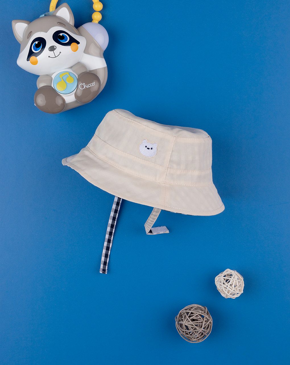 βρεφικό καπέλο μπεζ/καρό double face για αγόρι - Prénatal