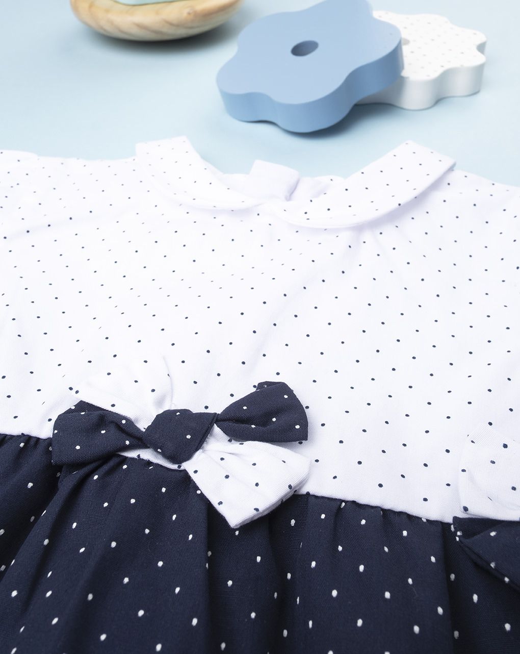 βρεφικό φόρεμα βαμβακερό κοντομάνικο μπλε πουά για κορίτσι - Prénatal