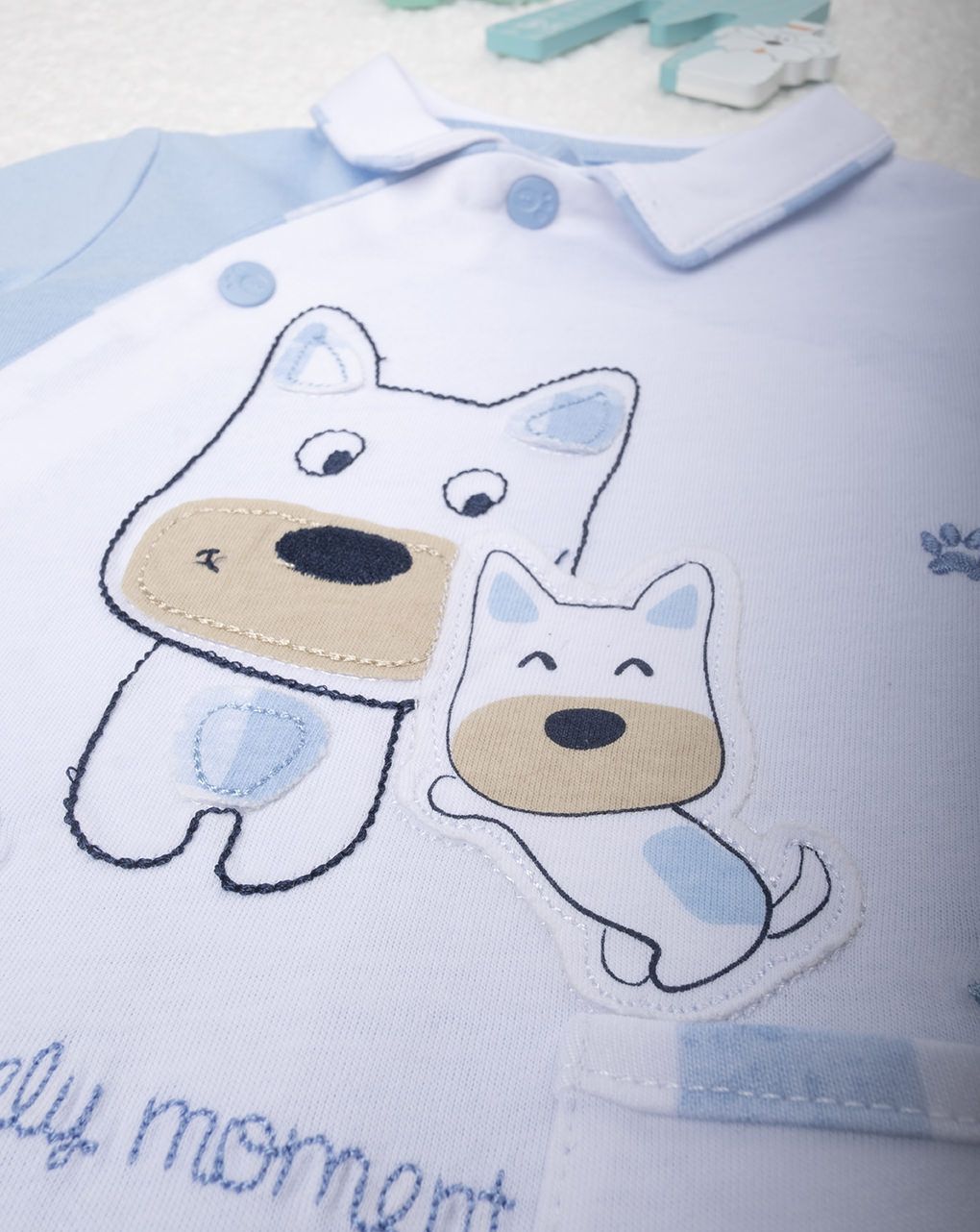 βρεφικό φορμάκι γαλάζιο/λευκό με σκυλάκια για αγόρι - Prénatal