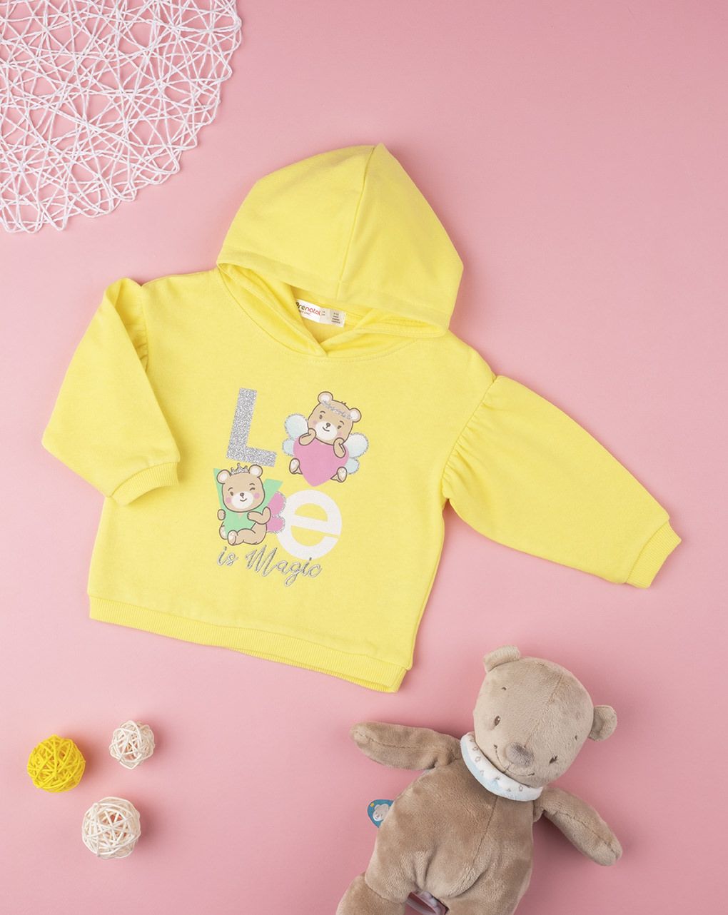 φούτερ με κουκούλα κίτρινο και στάμπα αρκουδάκια για κορίτσι - Prénatal