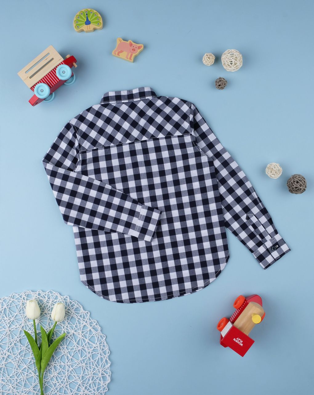 παιδικό πουκάμισο βαμβακερό ασπρόμαυρο καρό για αγόρι - Prénatal