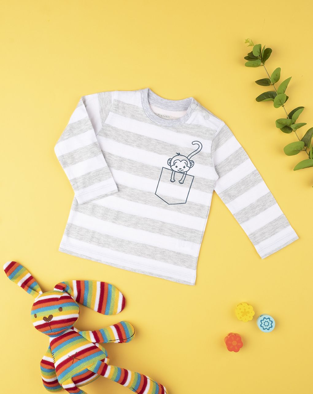 μπλουζάκι ριγέ γκρι με μαϊμουδάκι για αγόρι - Prénatal