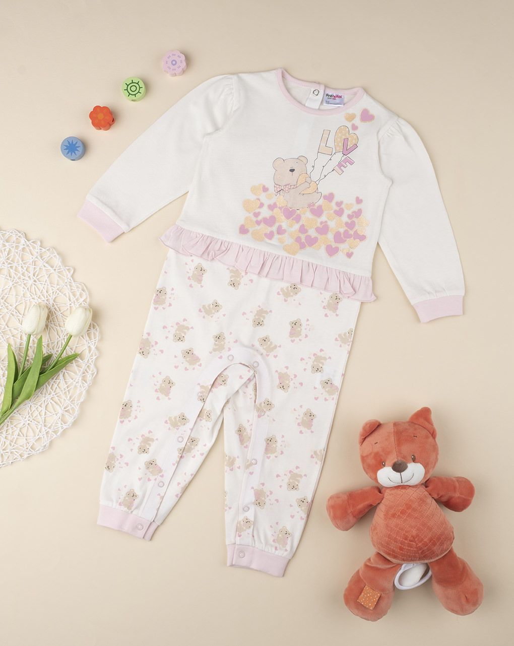 πιτζάμα ολόσωμη κρεμ με αρκουδάκια για κορίτσι - Prénatal