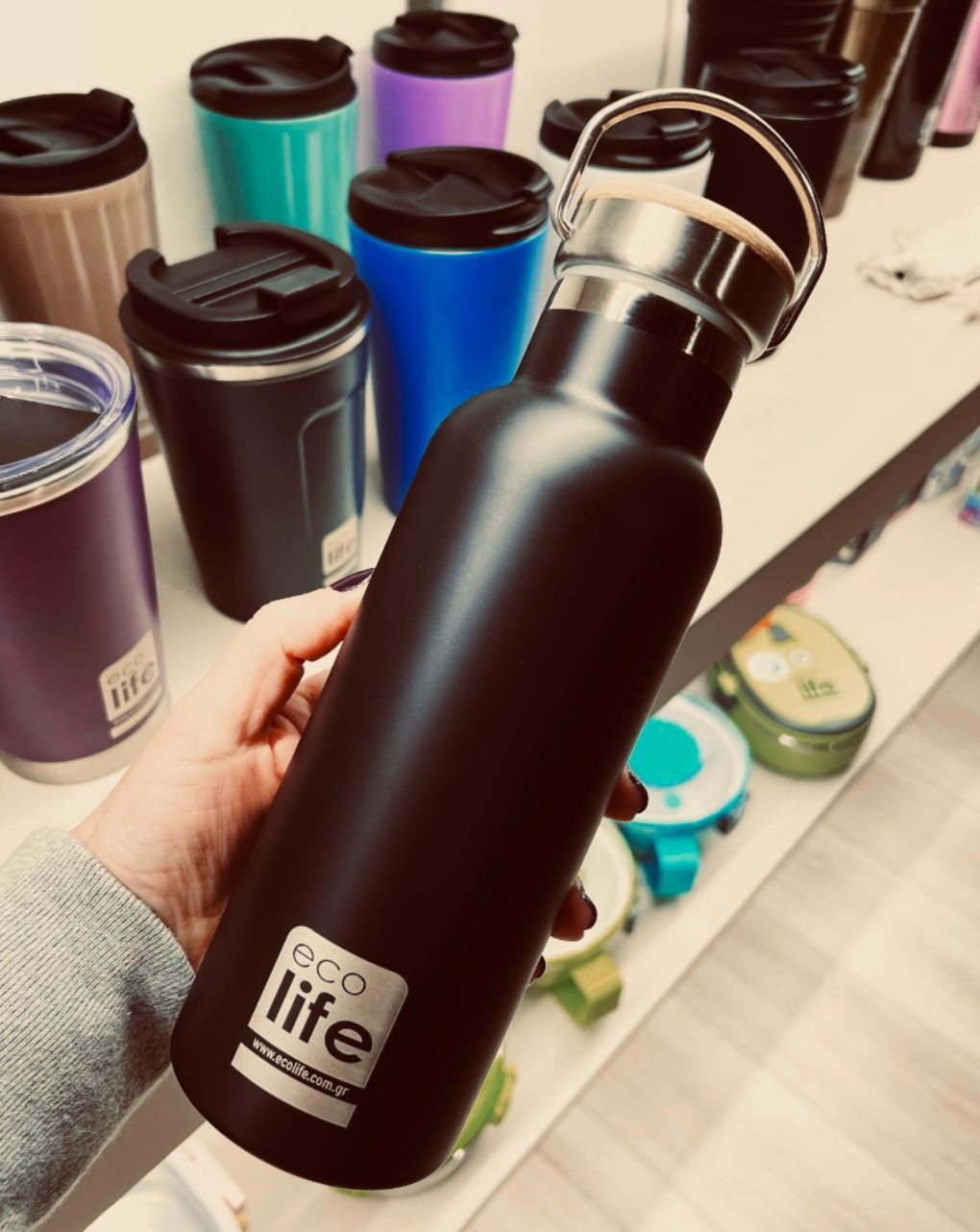 Ecolife ανοξέιδωτο μπουκάλι θερμός με καπάκι bamboo 500ml black 33-bo-3028 - Ecolife