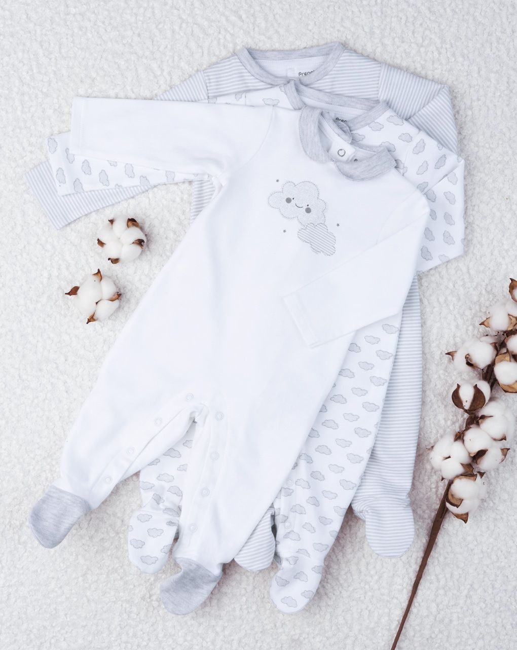 βρεφικά φορμάκια βαμβακερά γκρι με συννεφάκια πακέτο x3 unisex - Prénatal