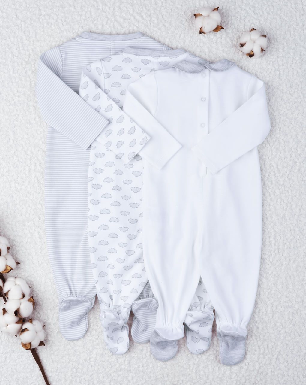 βρεφικά φορμάκια βαμβακερά γκρι με συννεφάκια πακέτο x3 unisex - Prénatal