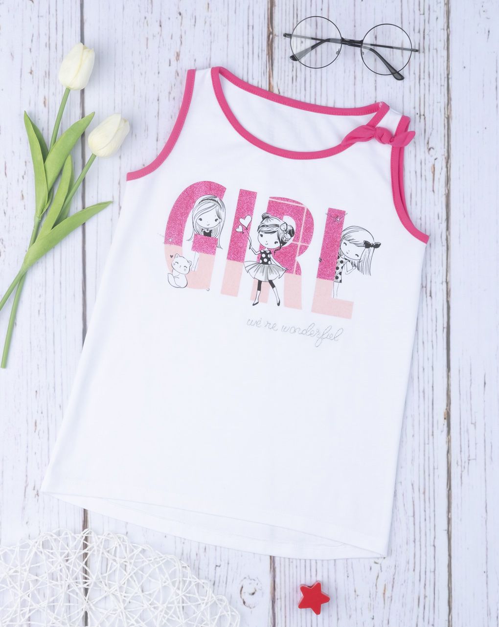 T-shirt αμάνικο λευκό με στάμπα και φιόγκο για κορίτσι