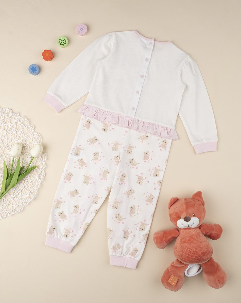 πιτζάμα ολόσωμη κρεμ με αρκουδάκια για κορίτσι - Prénatal