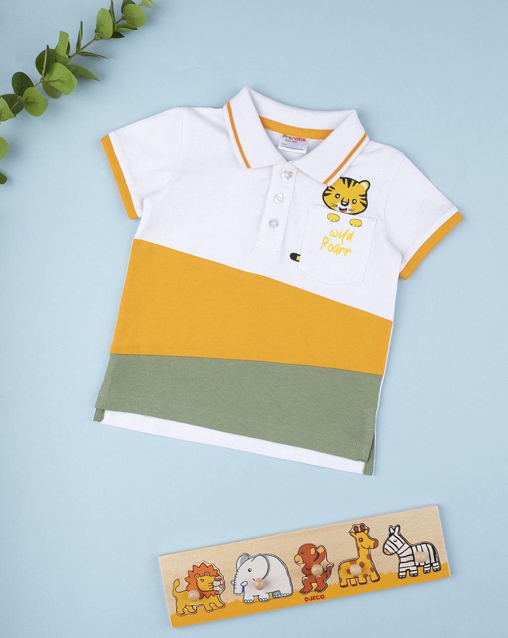T-shirt βαμβακερό πόλο τρίχρωμο με ζούγκλα για αγόρι