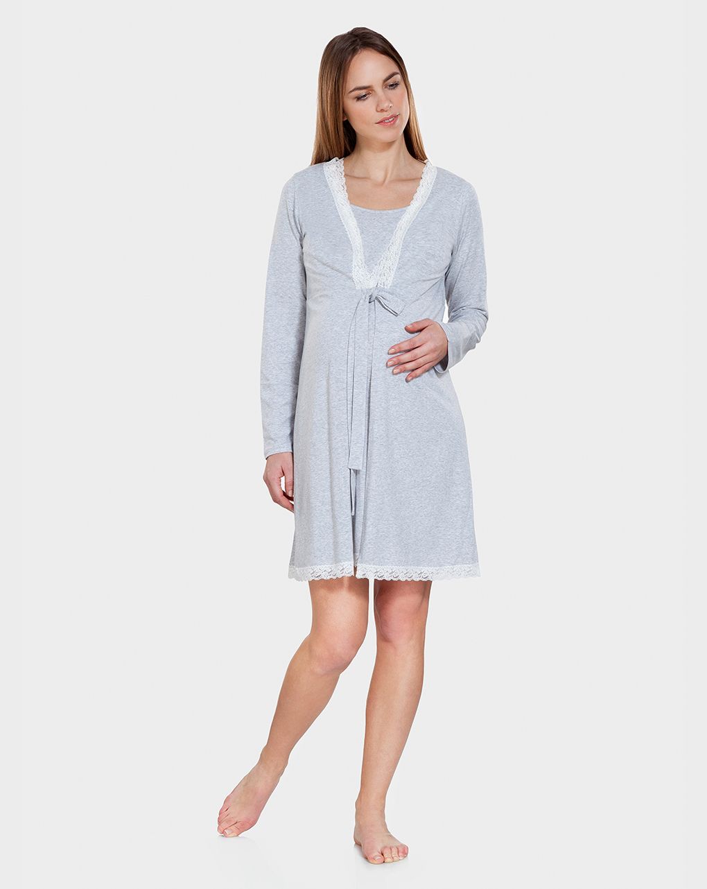 γυναικεία ρόμπα εγκυμοσύνης/θηλασμού γκρι με δαντέλα 565109 - Prénatal