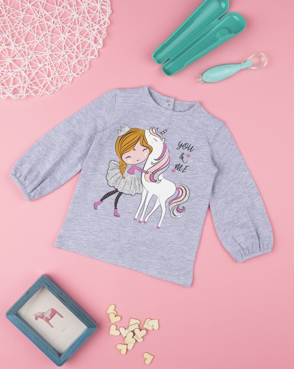 μπλουζάκι μακρυμάνικο με στάμπα γκρι για κορίτσι - Prénatal