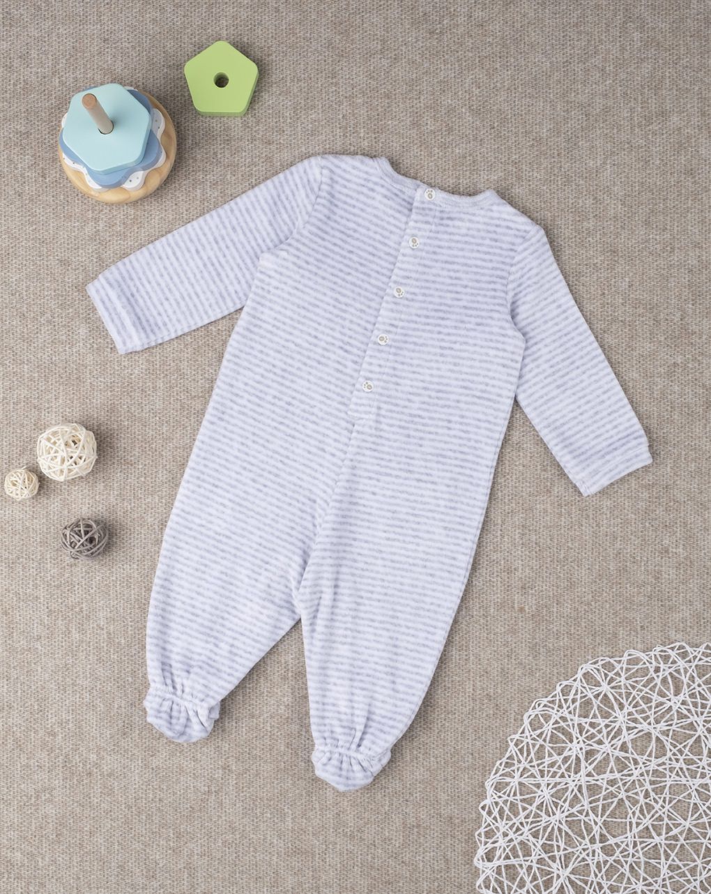 βρεφικό φορμάκι σενίλ γκρι ριγέ με τίγρη για αγόρι - Prénatal