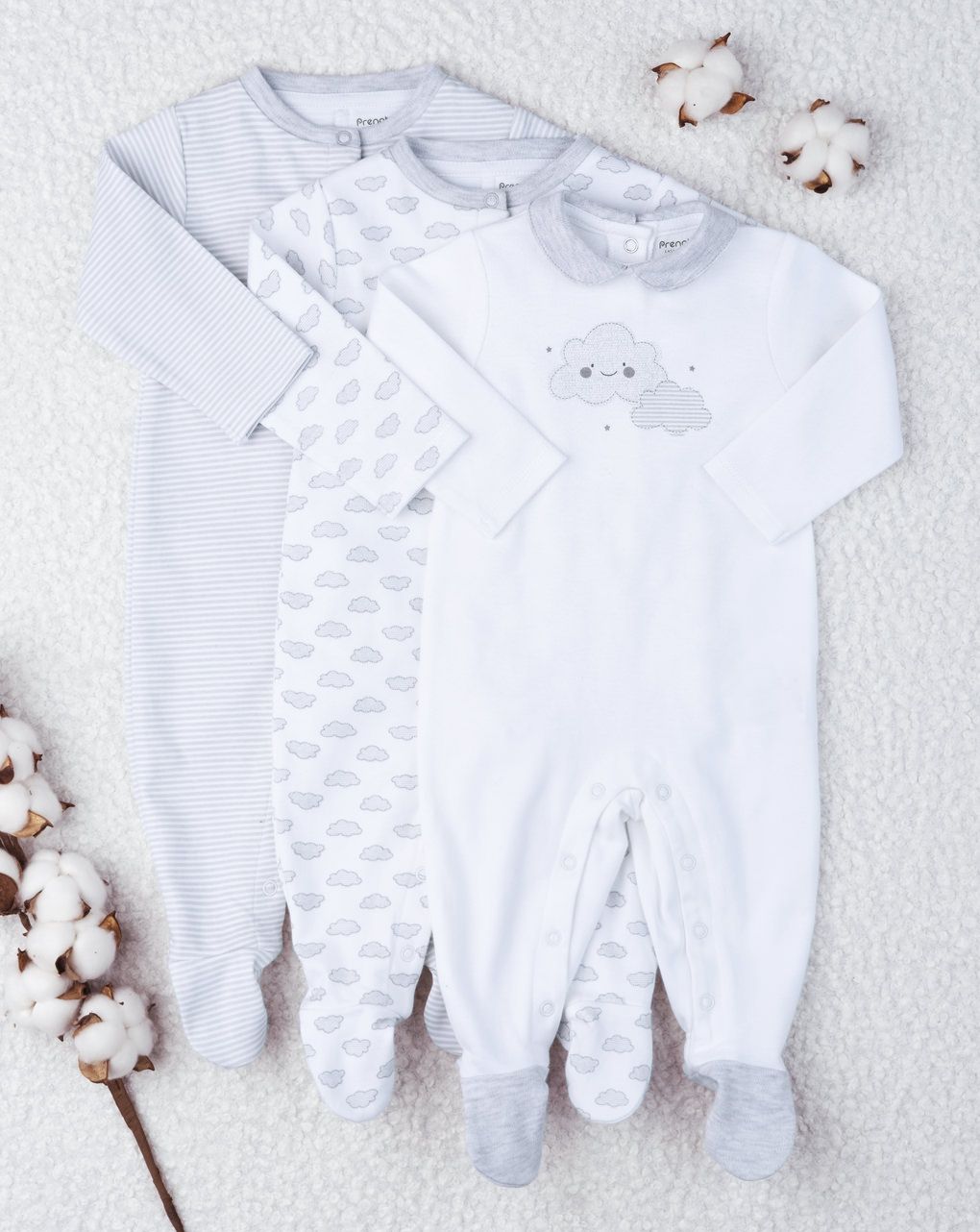 βρεφικά φορμάκια βαμβακερά γκρι με συννεφάκια πακέτο x3 unisex