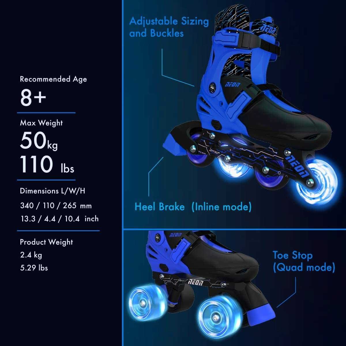 Yvolution πατίνια rollers αυξομειούμενα neon combo 2 σε 1 no.29-33 μπλε 53.nt09b4 - Yvolution