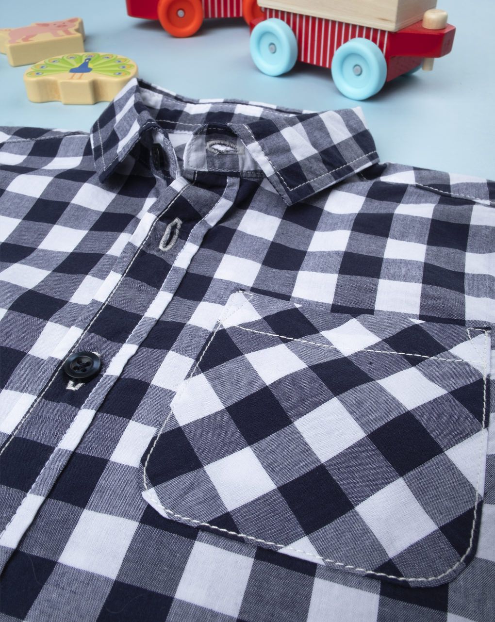παιδικό πουκάμισο βαμβακερό ασπρόμαυρο καρό για αγόρι - Prénatal