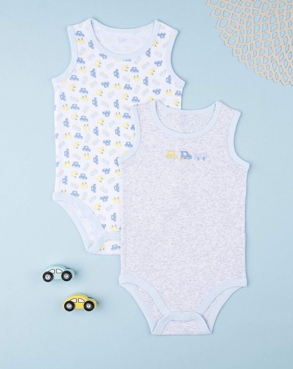 βρεφικά αμάνικα κορμάκια με αυτοκινητάκια πακέτο x2 για αγόρι - Prénatal