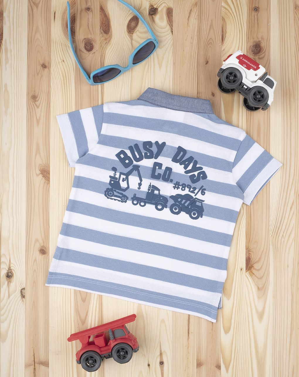 T-shirt πόλο ριγέ λευκό-γκρι για αγόρι - Prénatal