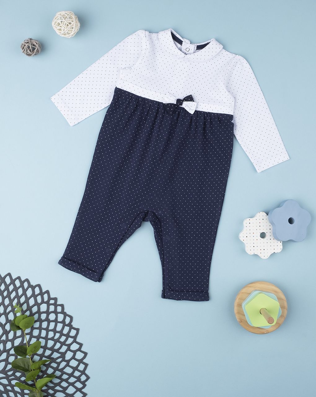 βρεφικό φορμάκι βαμβακερό μπλε πουά για κορίτσι - Prénatal