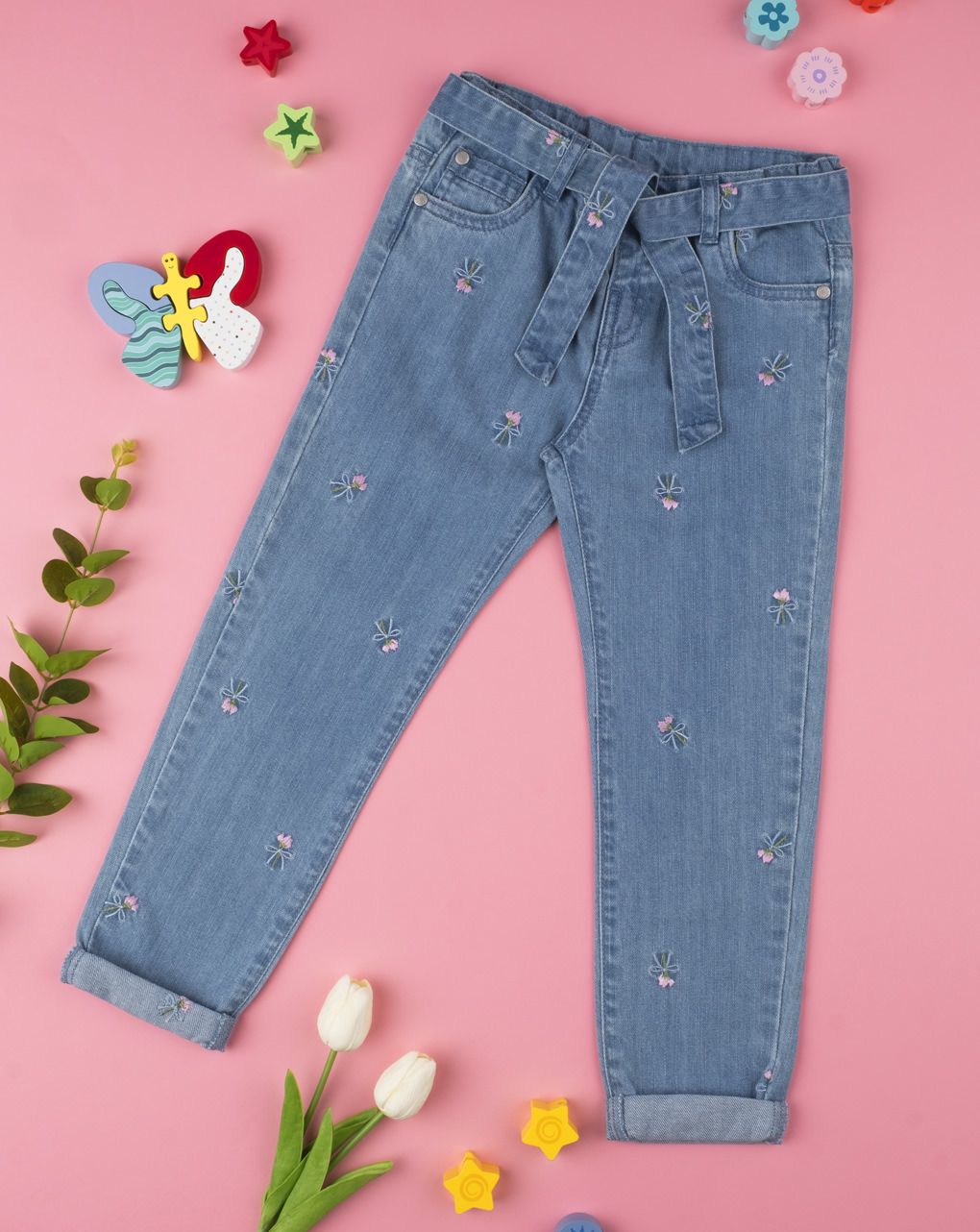 παιδικό βαμβακερό τζιν παντελόνι φλοράλ για κορίτσι - Prénatal