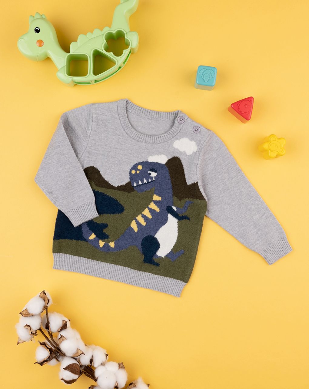 βρεφικό πουλόβερ γκρι με δεινόσαυρο για αγόρι
