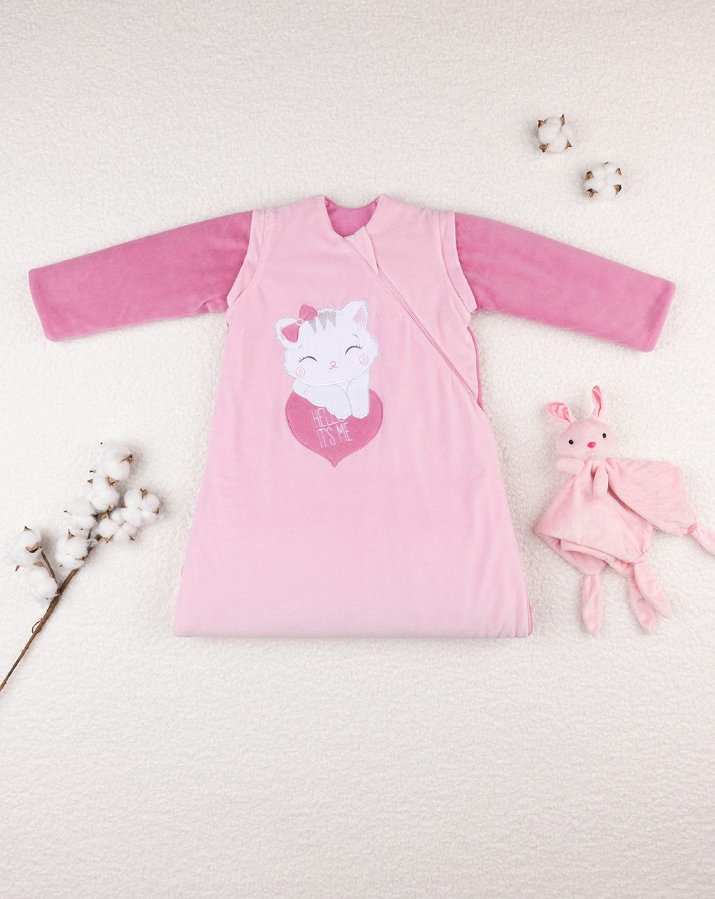 βρεφικός υπνόσακος σενίλ χειμερινός ροζ με γατάκι 3.5 tog για κορίτσι - Prénatal