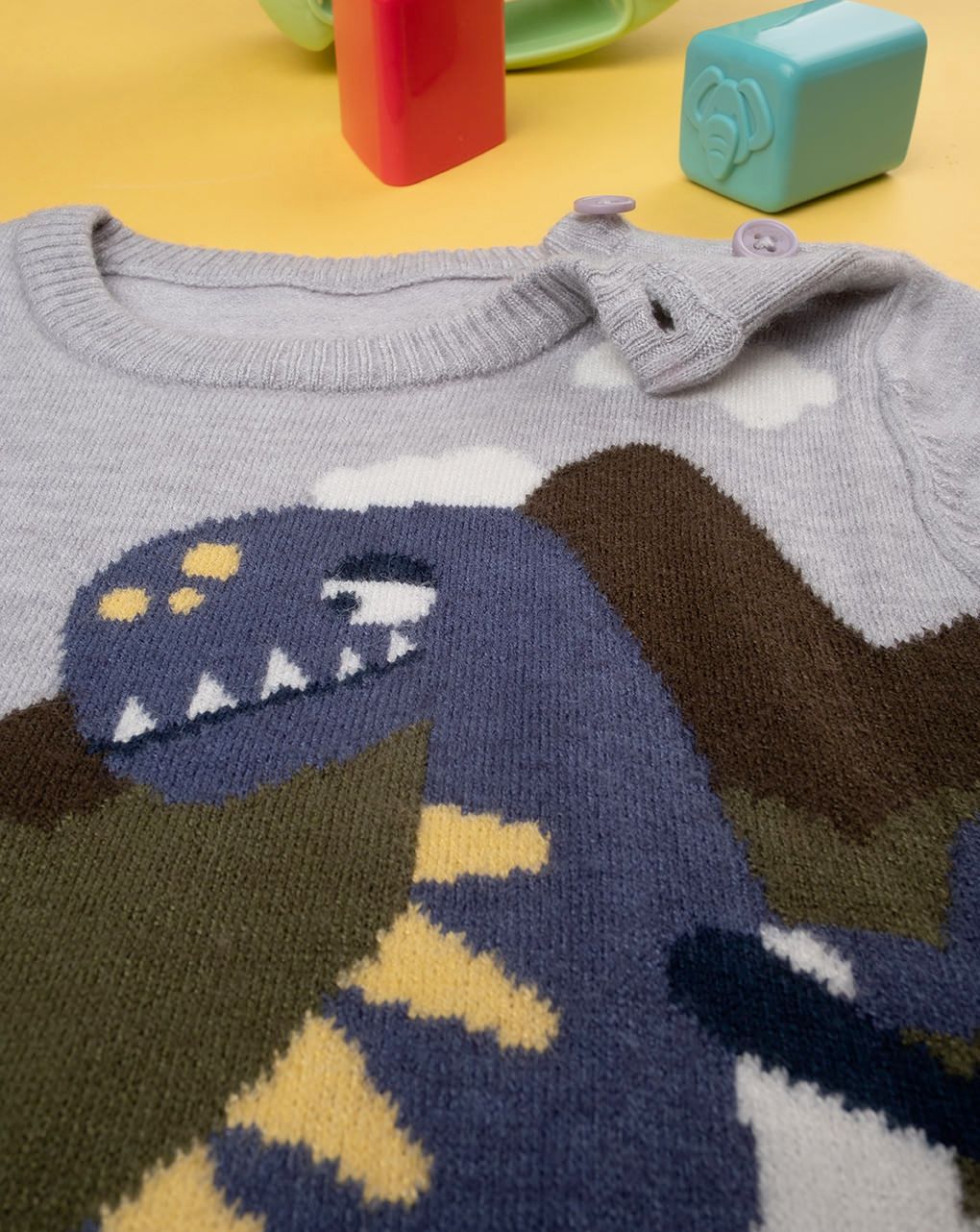 βρεφικό πουλόβερ γκρι με δεινόσαυρο για αγόρι - Prénatal