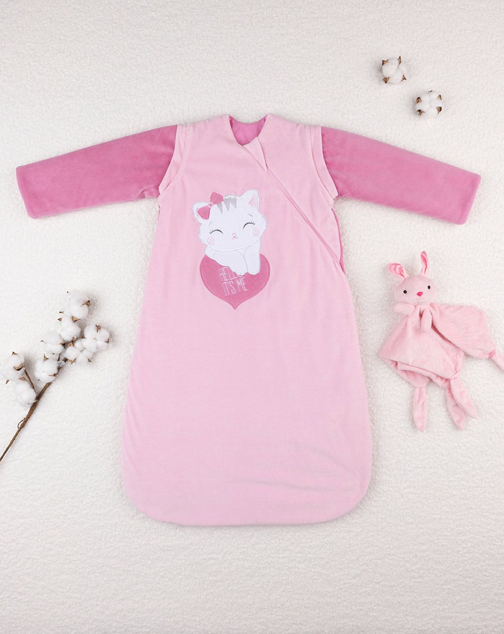 βρεφικός υπνόσακος σενίλ χειμερινός ροζ με γατάκι 3.5 tog για κορίτσι - Prénatal