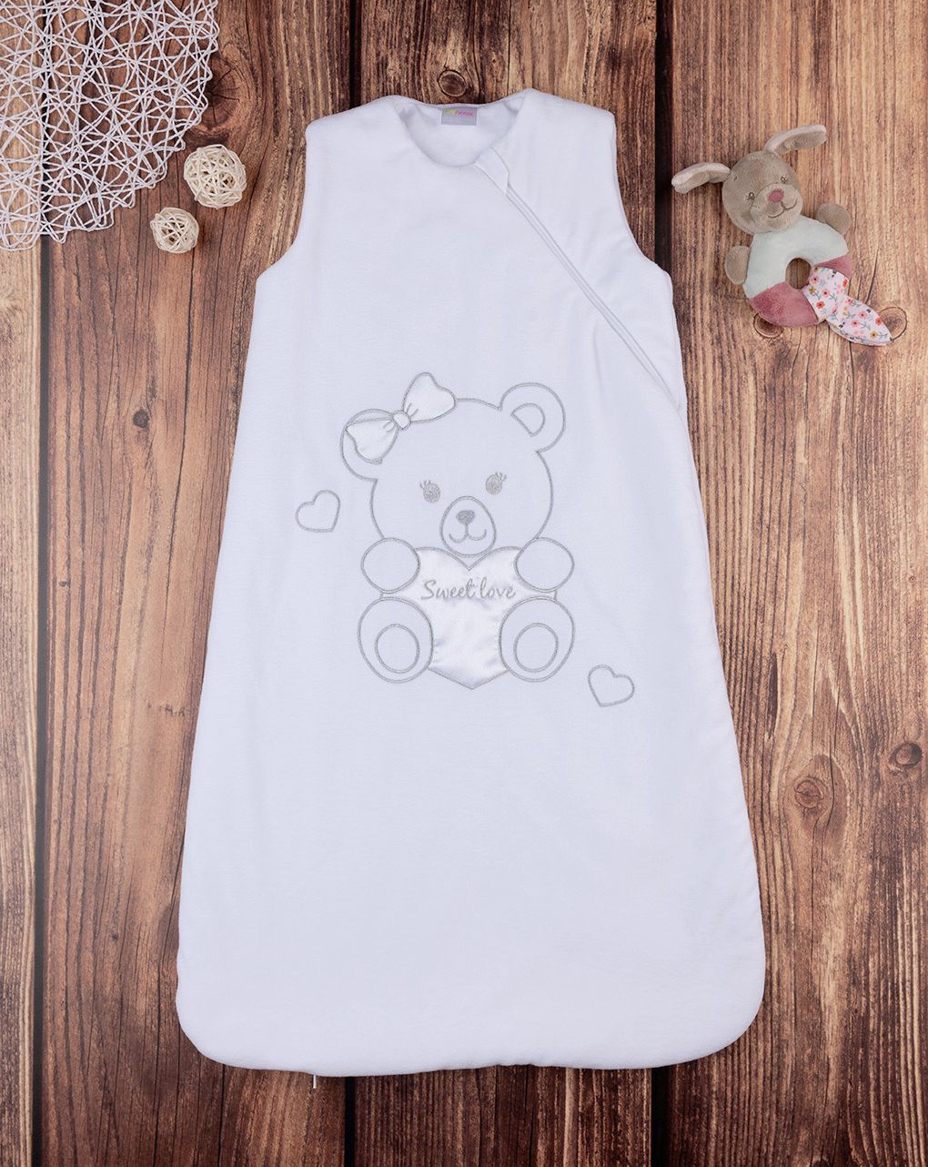 βρεφικός υπνόσακος σενίλ λευκός με αρκουδάκι 3.5 tog για κορίτσι - Prénatal