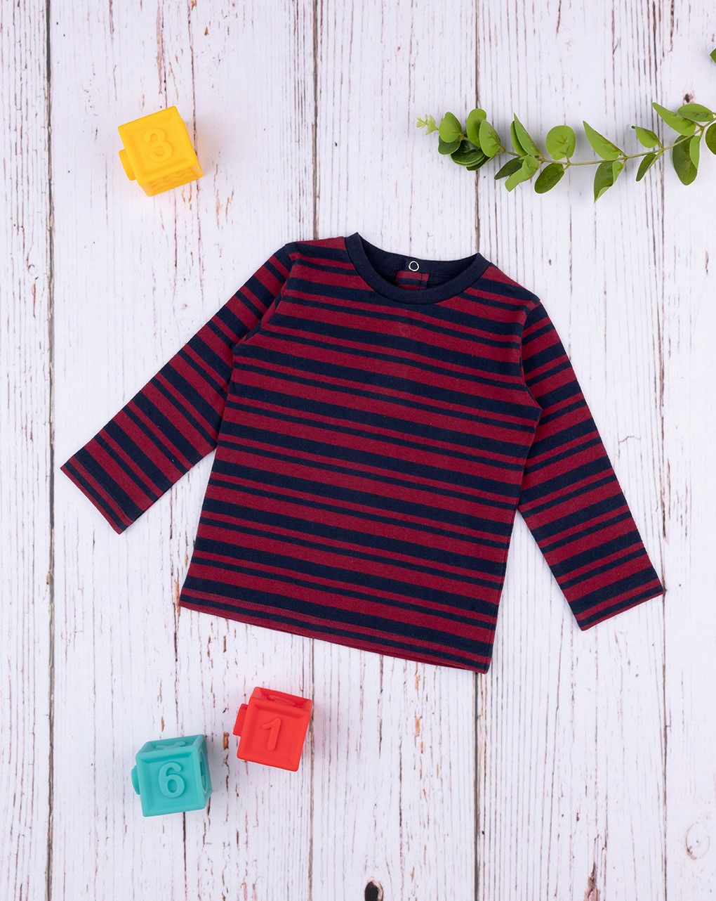 βρεφική μπλούζα μπορντώ/μπλε ριγέ για αγόρι