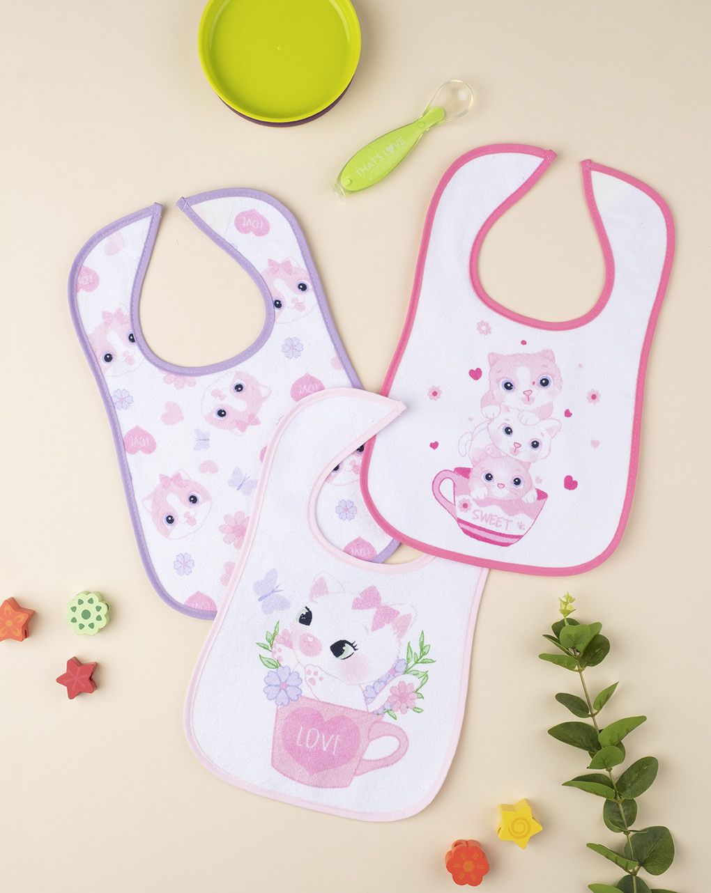 βρεφικές σαλιάρες πλαστικοποιημένες με γατάκια x3 για κορίτσι - Prénatal