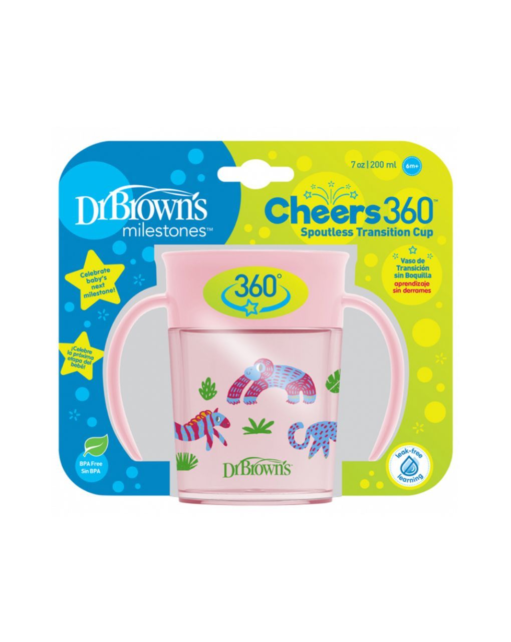 Dr. brown’s εκπαιδευτικό ποτηράκι 360° με λαβές 6m+ 200ml ζωάκια ροζ 112.70.1hc.352 - Dr Browns