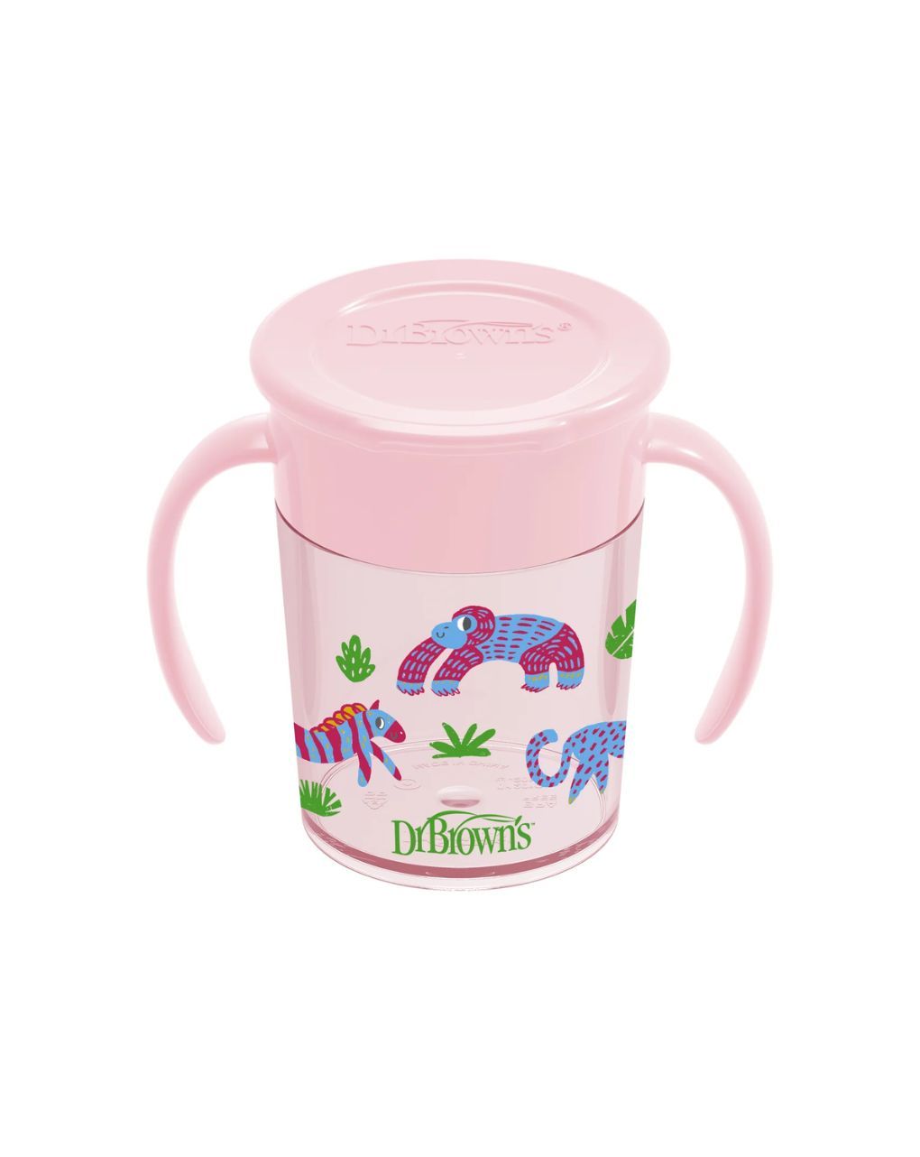 Dr. brown’s εκπαιδευτικό ποτηράκι 360° με λαβές 6m+ 200ml ζωάκια ροζ 112.70.1hc.352 - Dr Browns