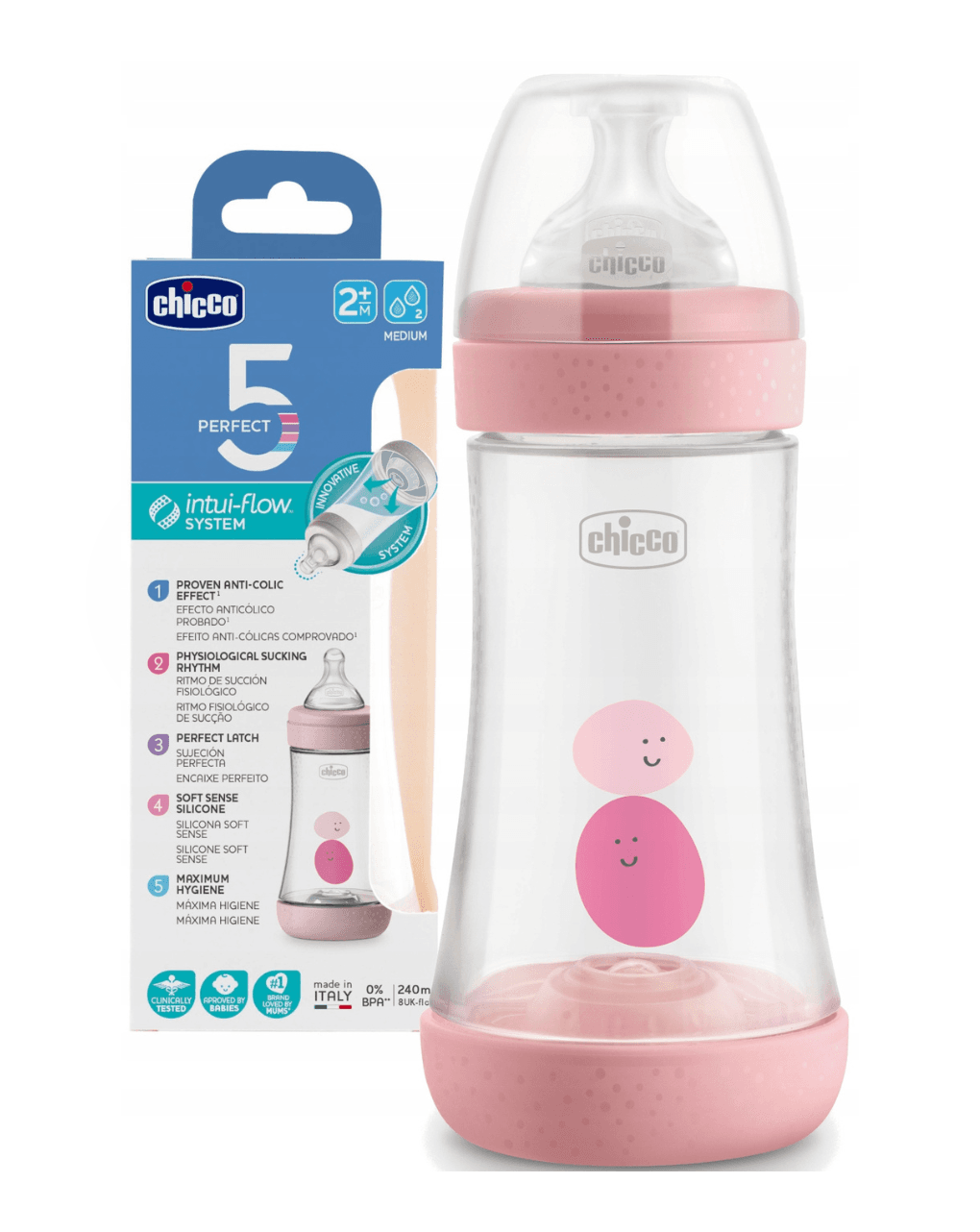 Chicco μπιμπερό πλαστικό perfect 5 ροζ 240ml 2m+ - Chicco
