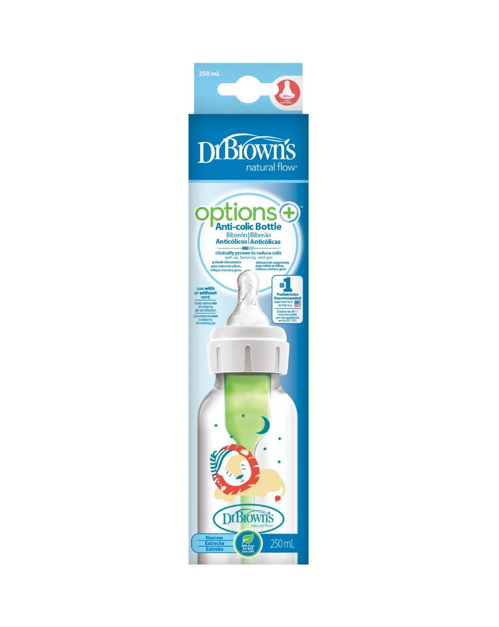 Dr. brown's options+ πλαστικό μπιμπερό με στενό λαιμό 250ml λιοντάρι 112.70.1hc.357 - Dr Browns