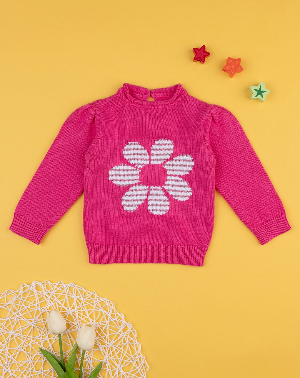 βρεφικό πουλόβερ φούξια με λουλούδι για κορίτσι
