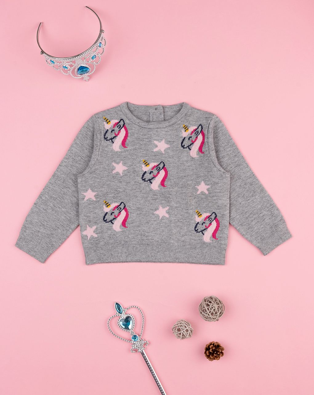 βρεφικό πουλόβερ γκρι με μονόκερους για κορίτσι