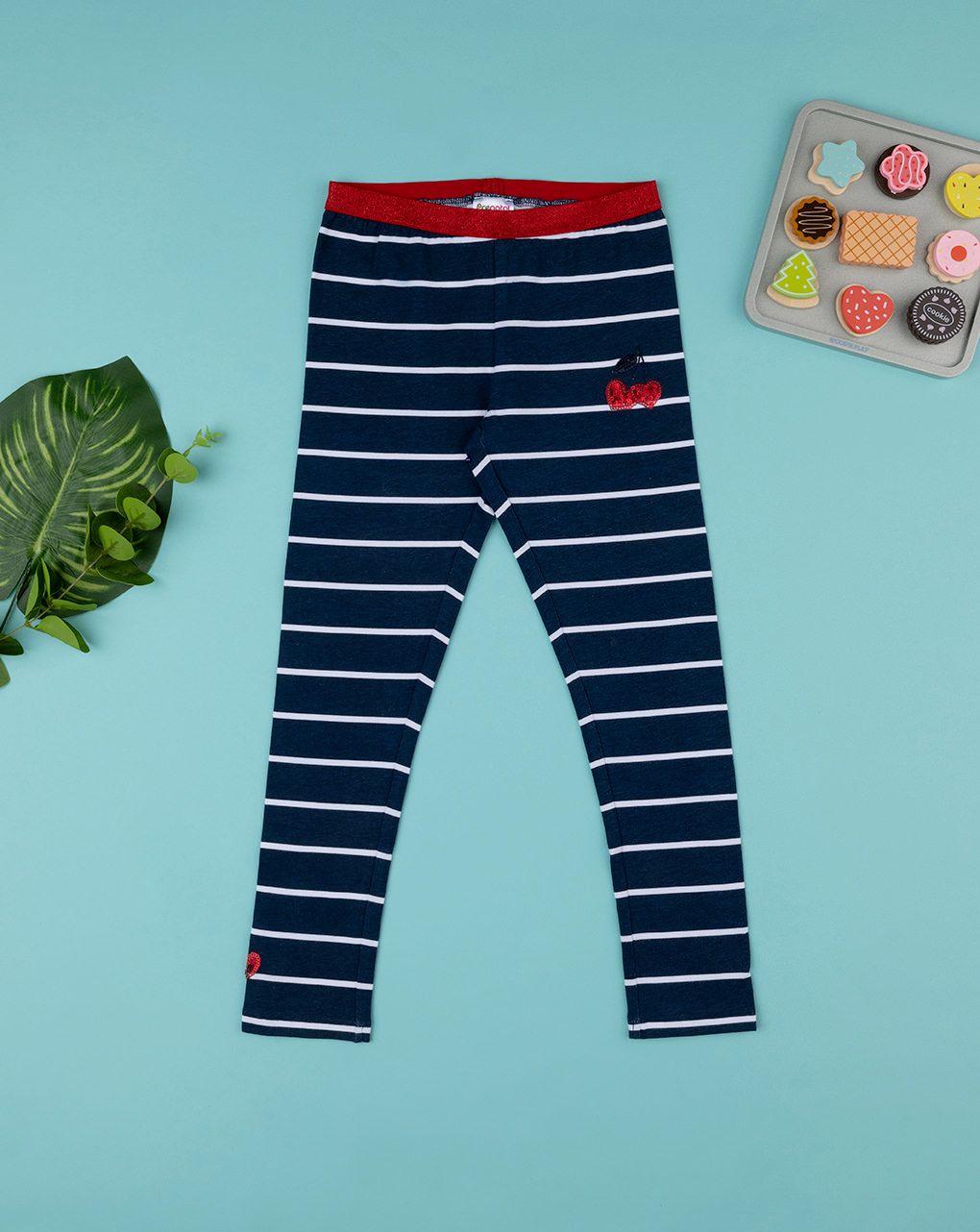 παιδικό κολάν μπλε ριγέ με κερασάκια για κορίτσι