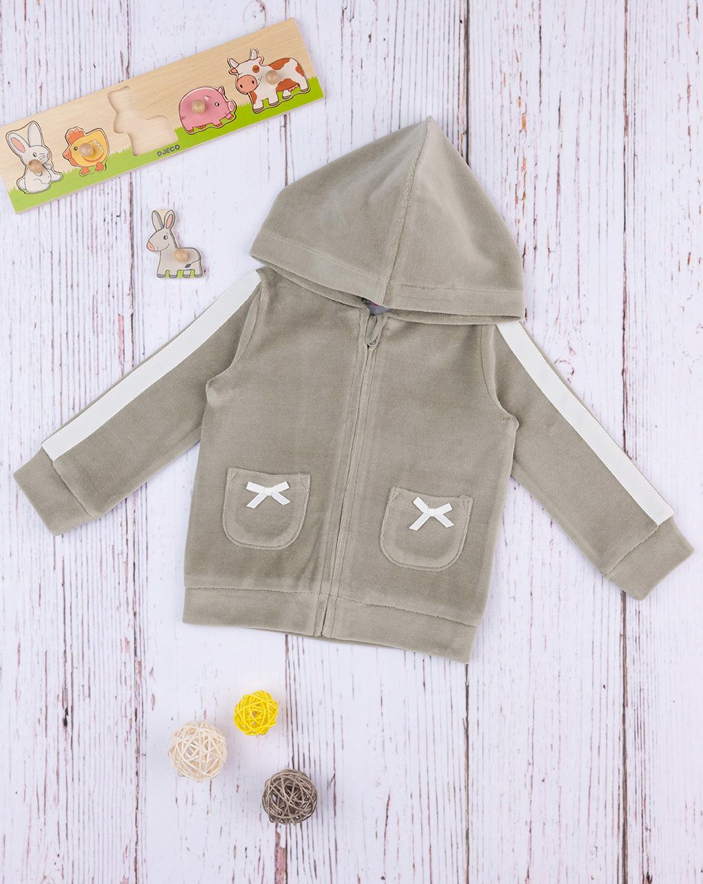 βρεφική ζακέτα σενίλ χακί με φιογκάκια για κορίτσι - Prénatal