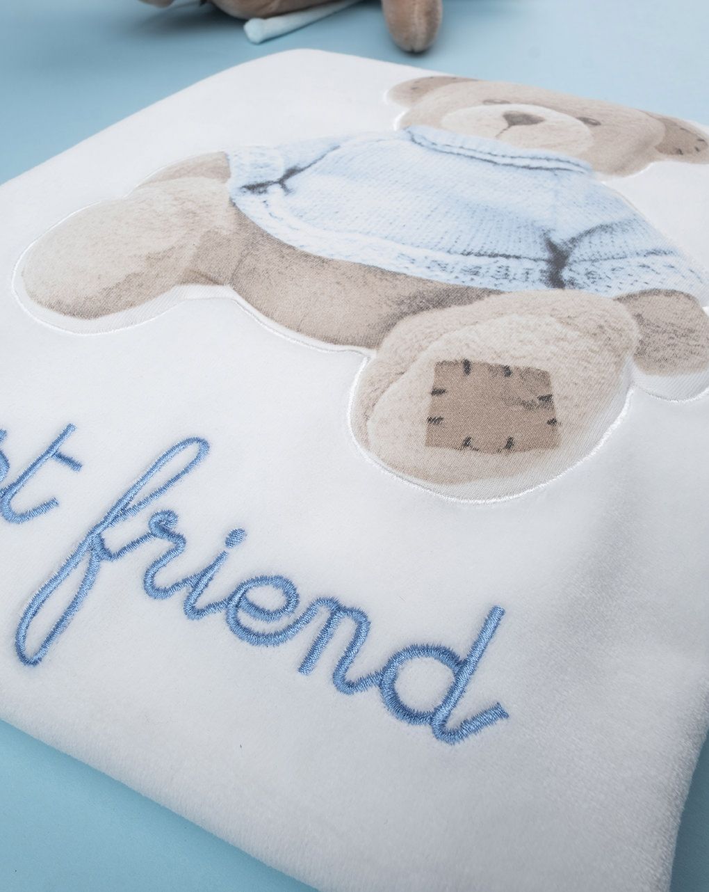 κουβέρτα χειμερινή σενίλ για λίκνο/πορτ-μπεμπέ με αρκουδάκι για αγόρι - Prénatal