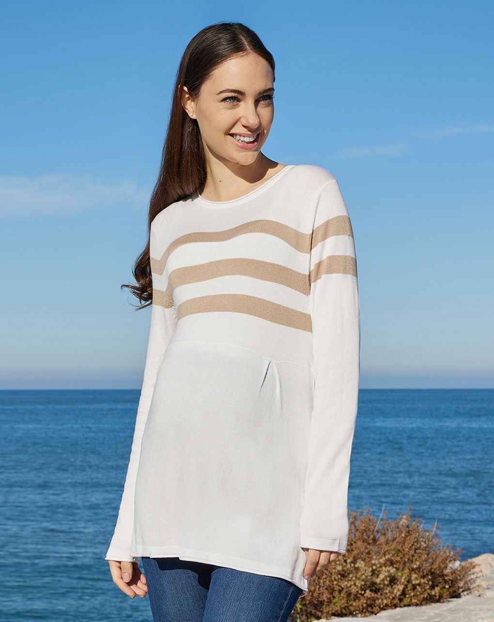 γυναικεία πλεκτή μπλούζα εγκυμοσύνης λευκή/χρυσή