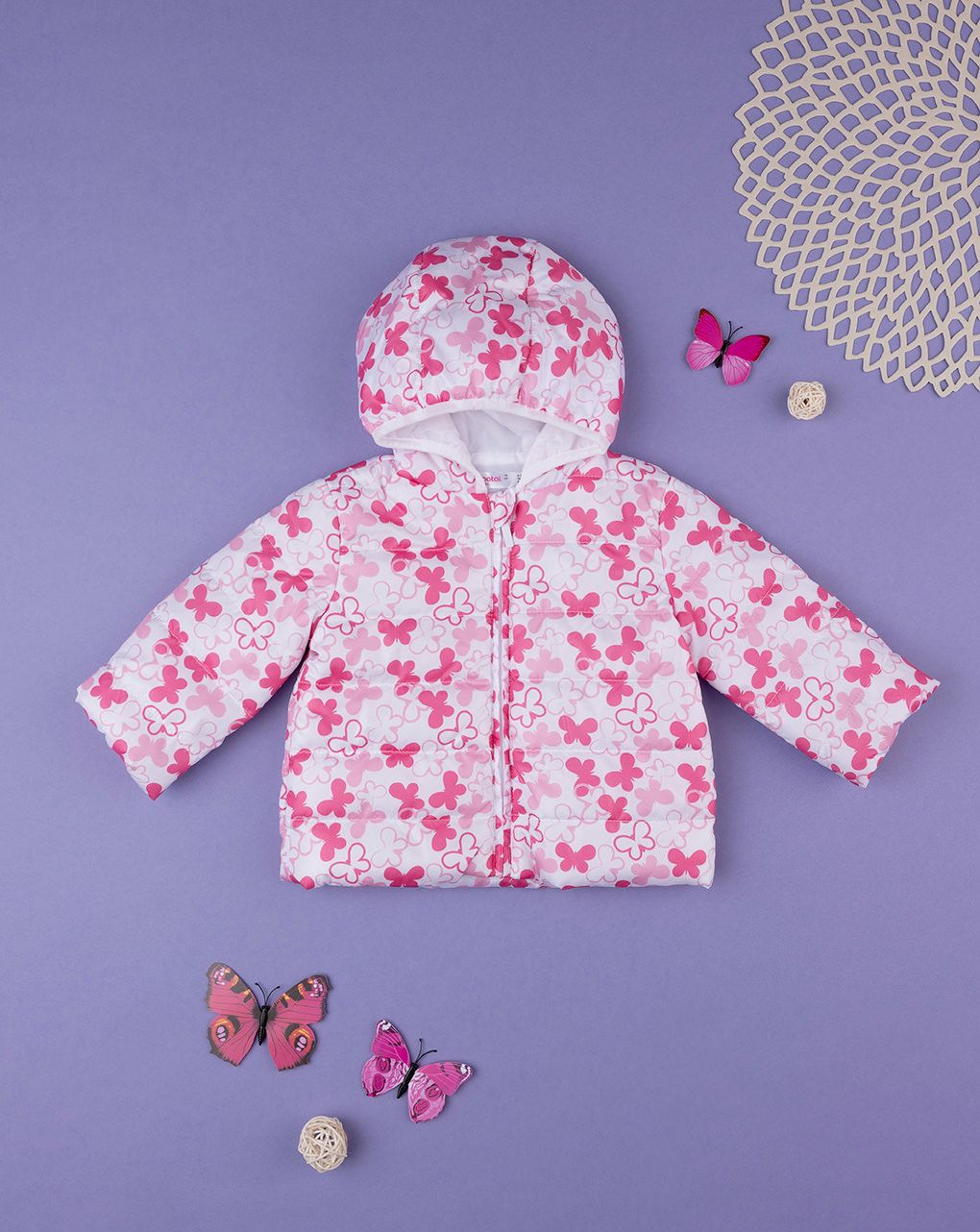βρεφικό μπουφάν φουσκωτό λευκό με πεταλούδες για κορίτσι