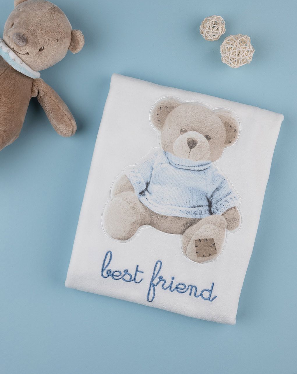 κουβέρτα χειμερινή σενίλ για λίκνο/πορτ-μπεμπέ με αρκουδάκι για αγόρι - Prénatal