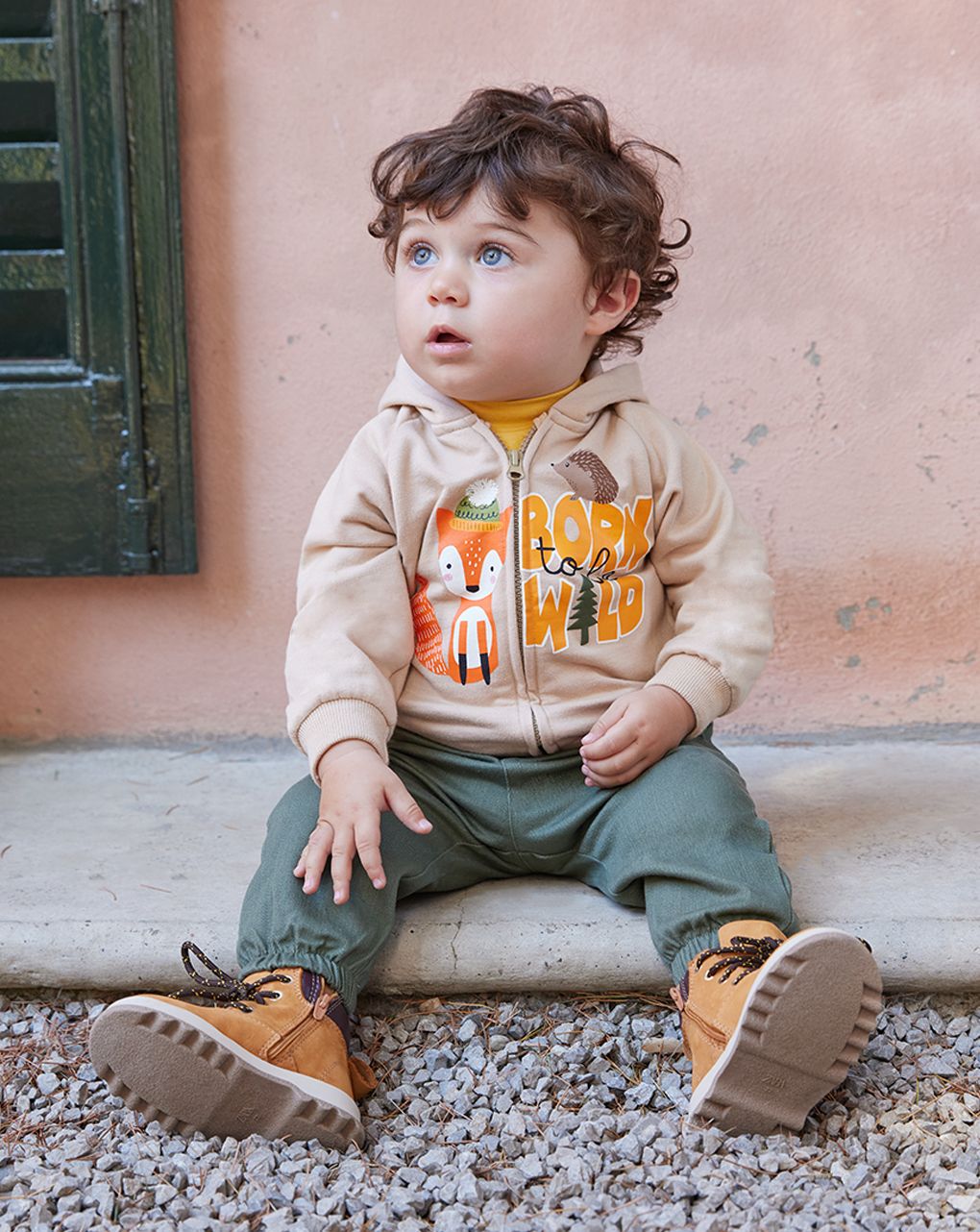 βρεφική ζακέτα φούτερ μπεζ με ζωάκια δάσους για αγόρι - Prénatal