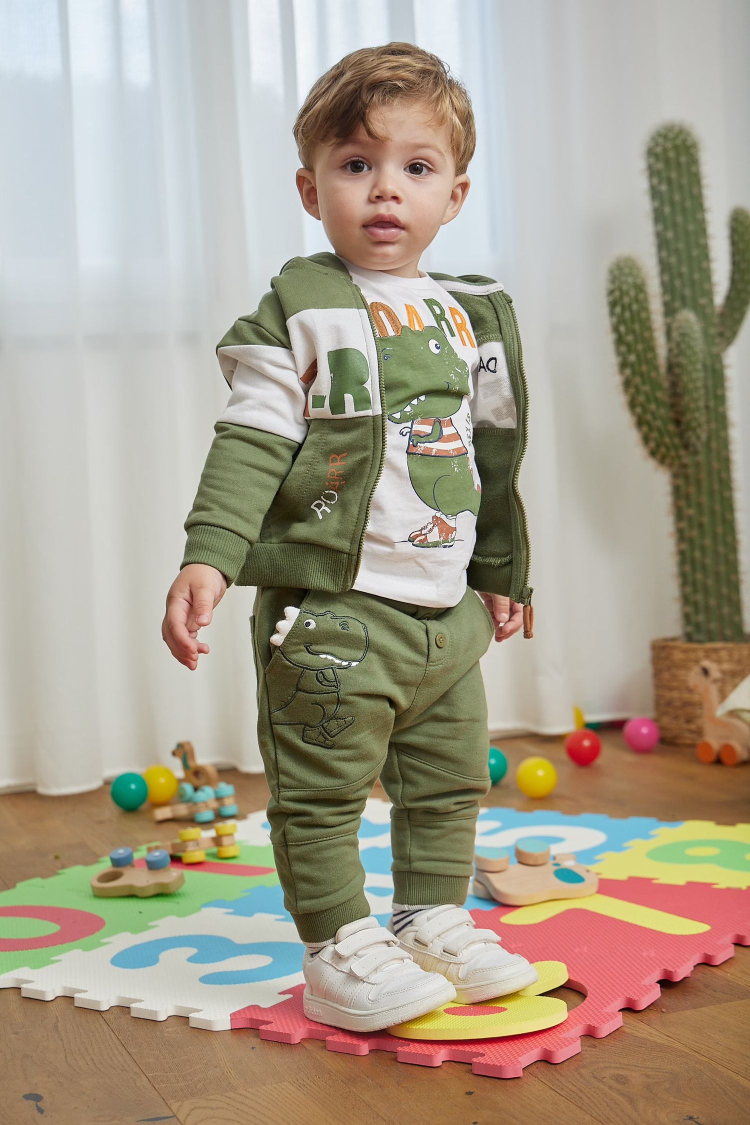βρεφική ζακέτα φούτερ χακί με δεινόσαυρο για αγόρι - Prénatal