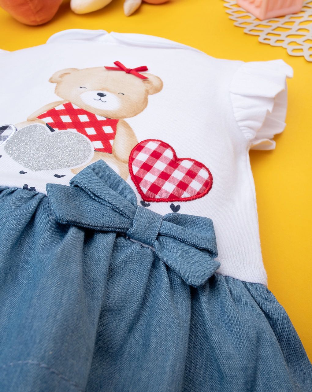 βρεφικό φορεματάκι λευκό/τζιν με αρκουδάκι για κορίτσι - Prénatal