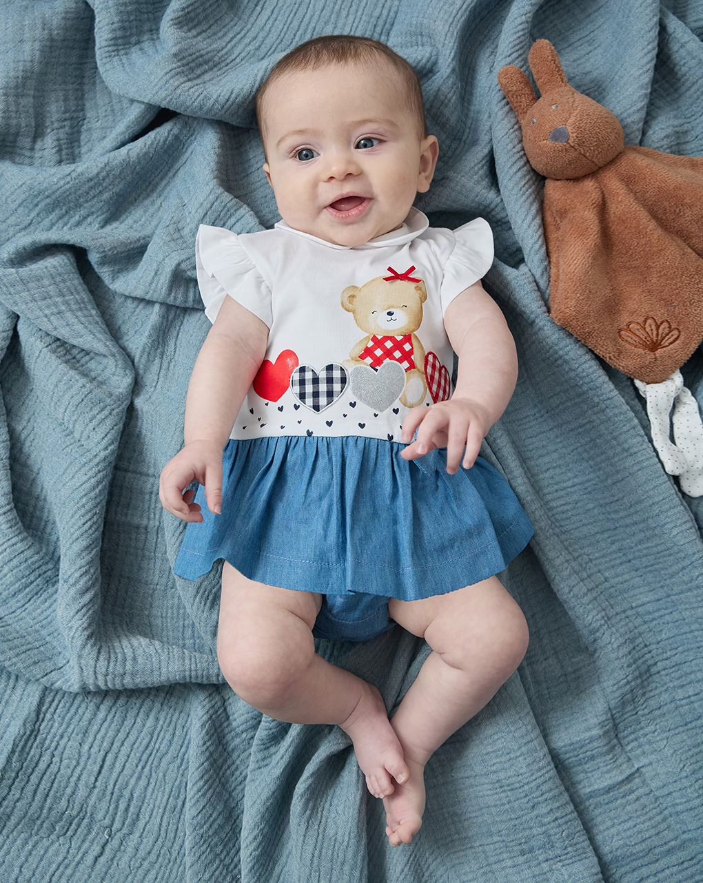 βρεφικό φορεματάκι λευκό/τζιν με αρκουδάκι για κορίτσι