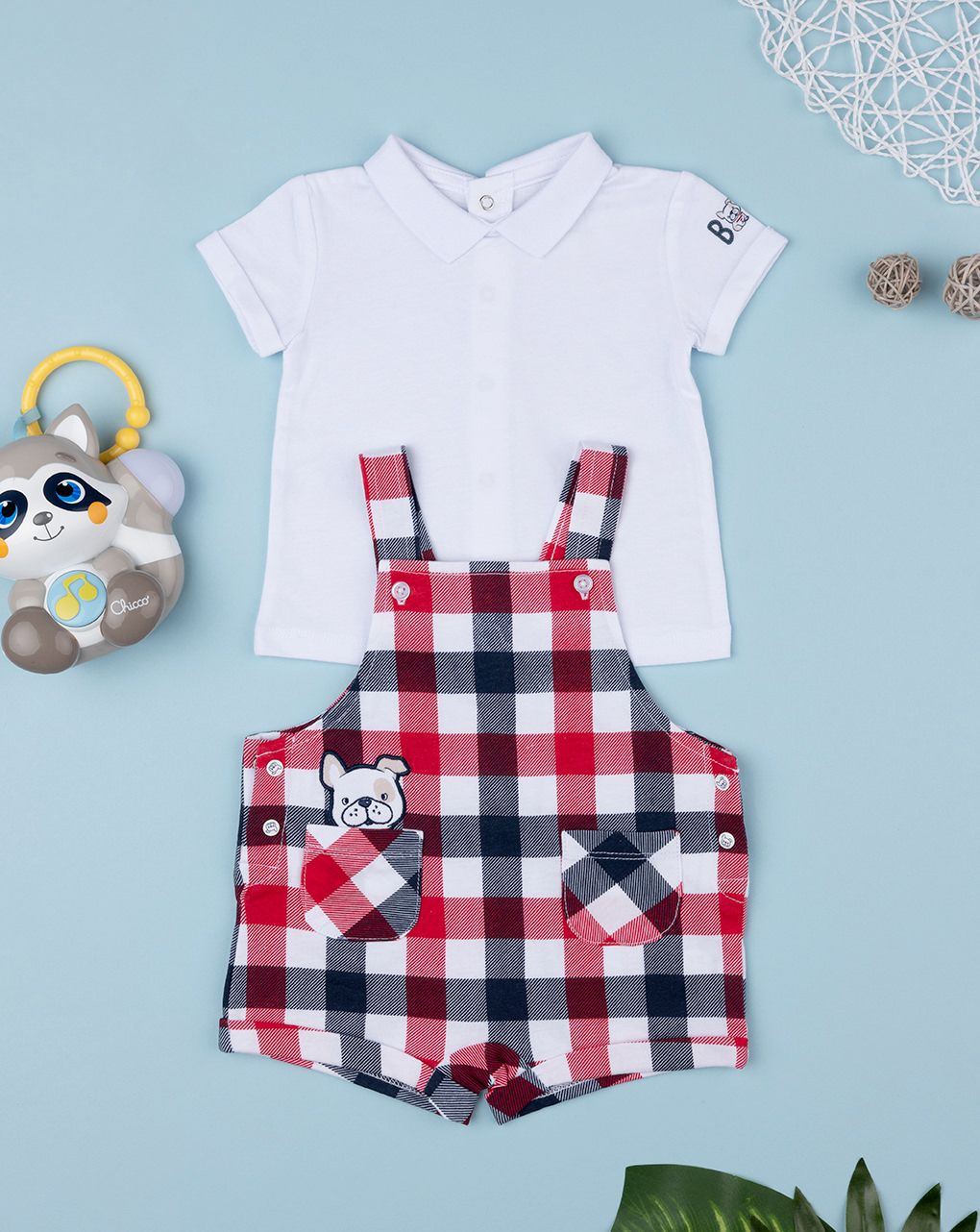 βρεφικό σετ t-shirt και σαλοπέτα καρό με σκυλάκι για αγόρι - Prénatal