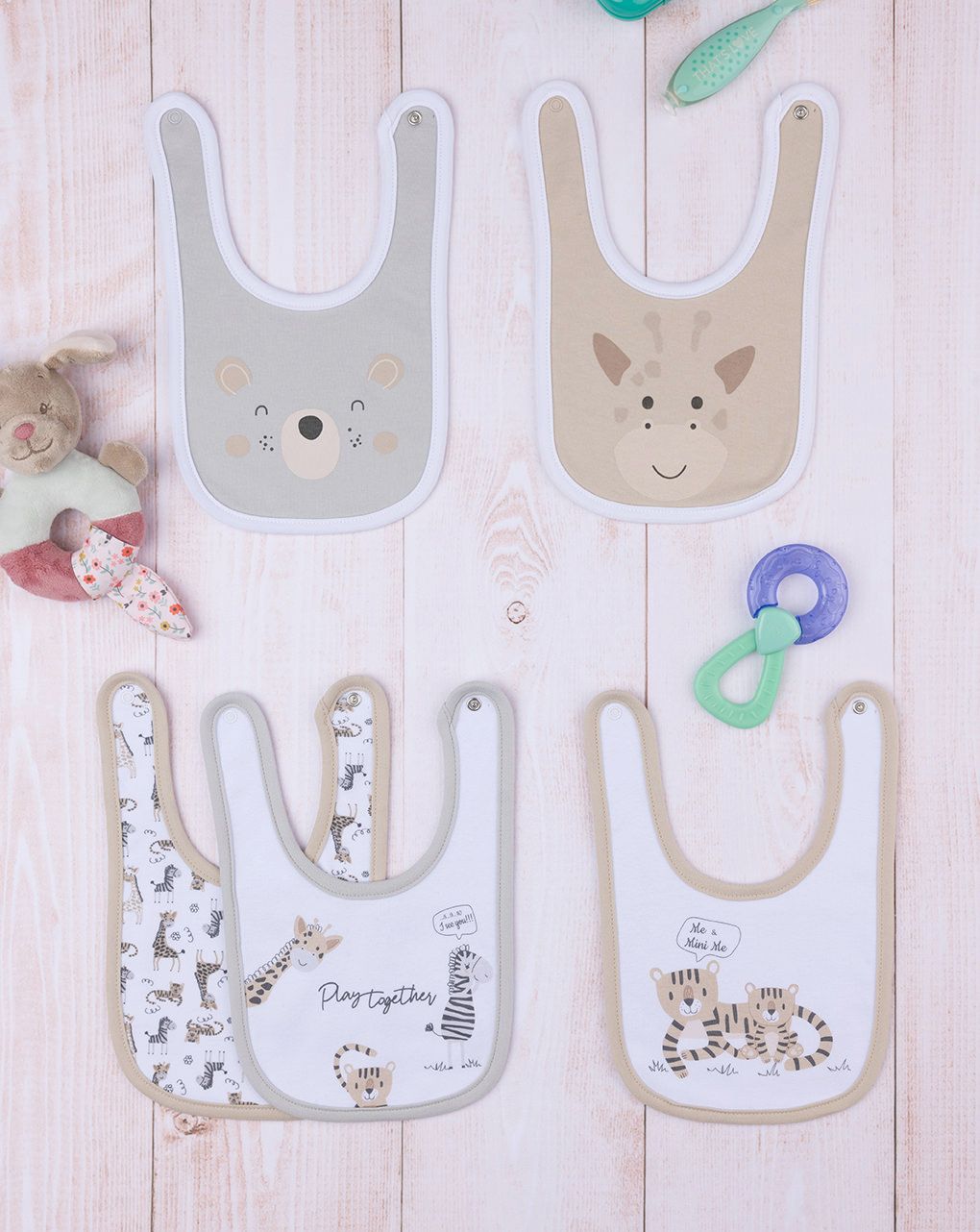 βρεφικές σαλιάρες με ζωάκια ζούγκλας πακέτο x5 για αγόρι - Prénatal